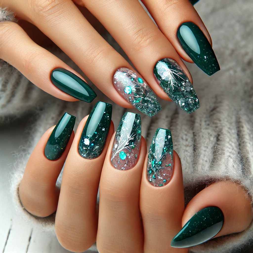 Forest Green Nails with Shattered Glass Effect