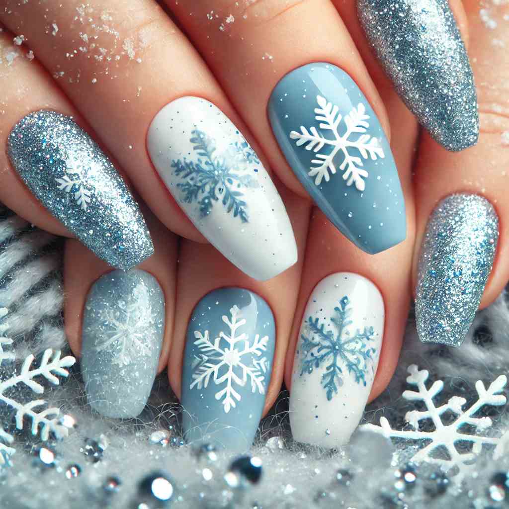 Frosted Blue Snowflake Nails