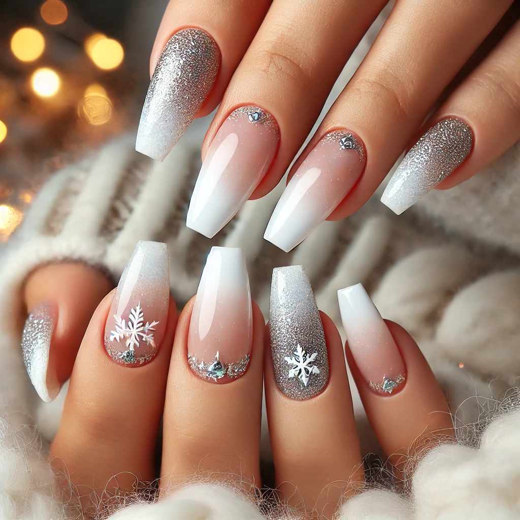 Frosted French Tips with Glitter and Silver Stars