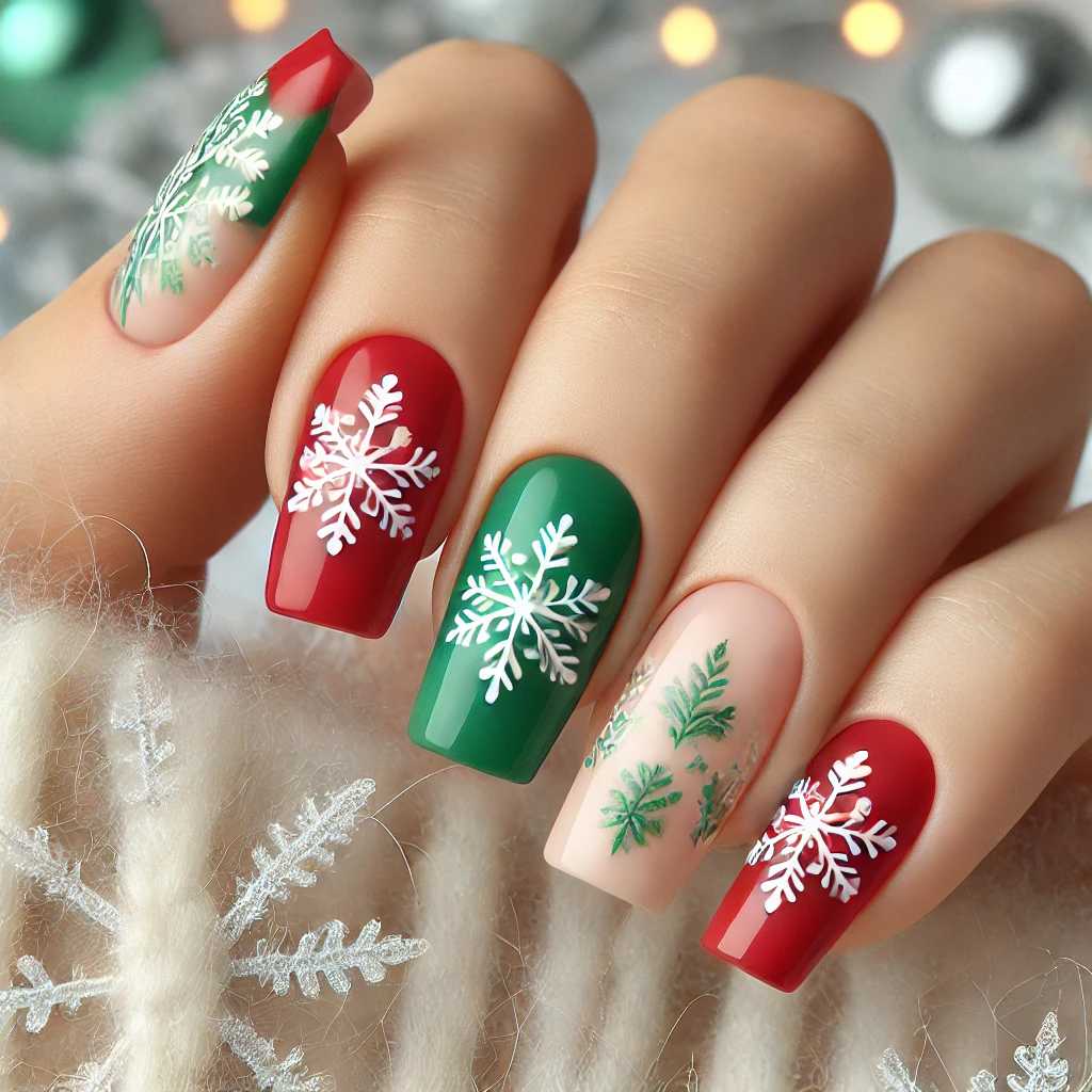 Frosted Snowflakes on Red and Green