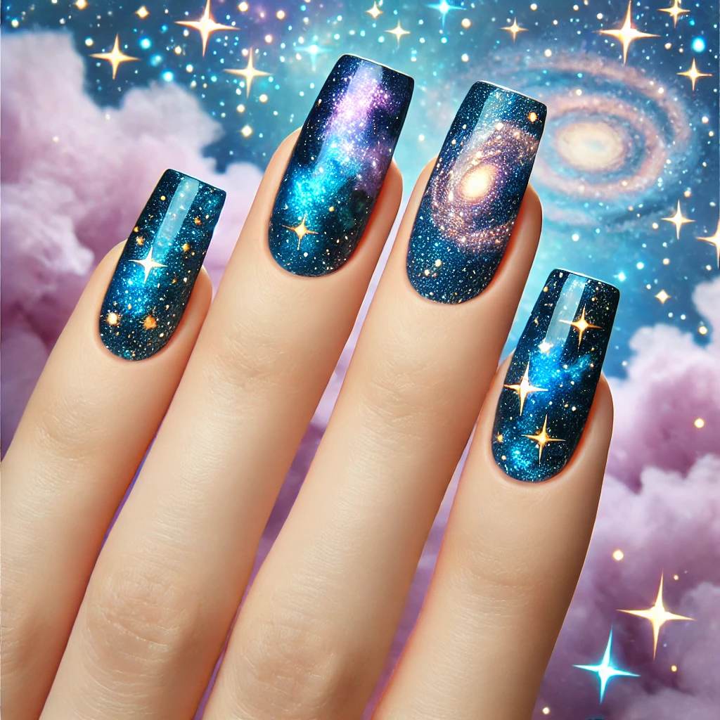 Galaxy Nails with Golden Stars