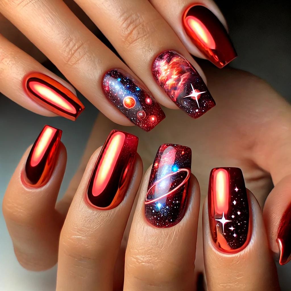 Galaxy Patterns on Red Chrome