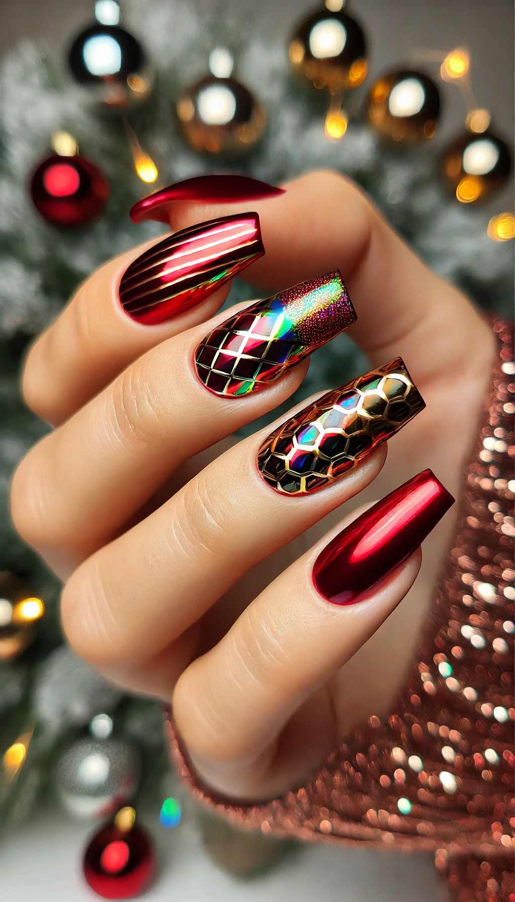 Geometric Holographic Gold on Ruby Red