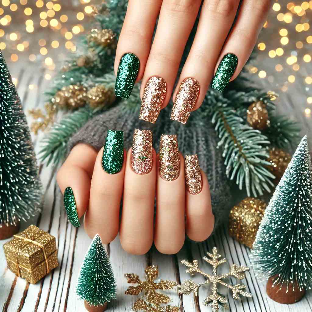 Glitter Bomb Green and Gold Nails