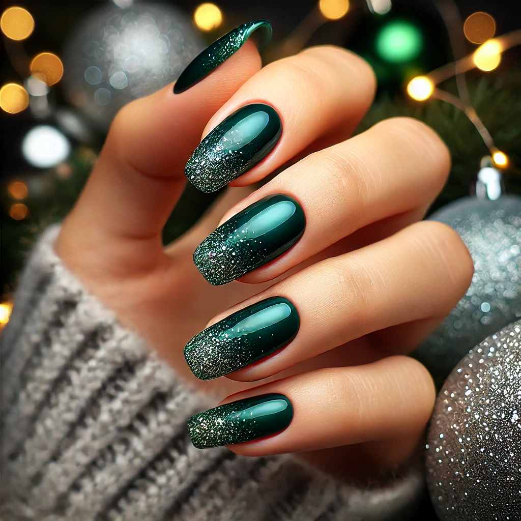 Glitter-Dipped Green Nails