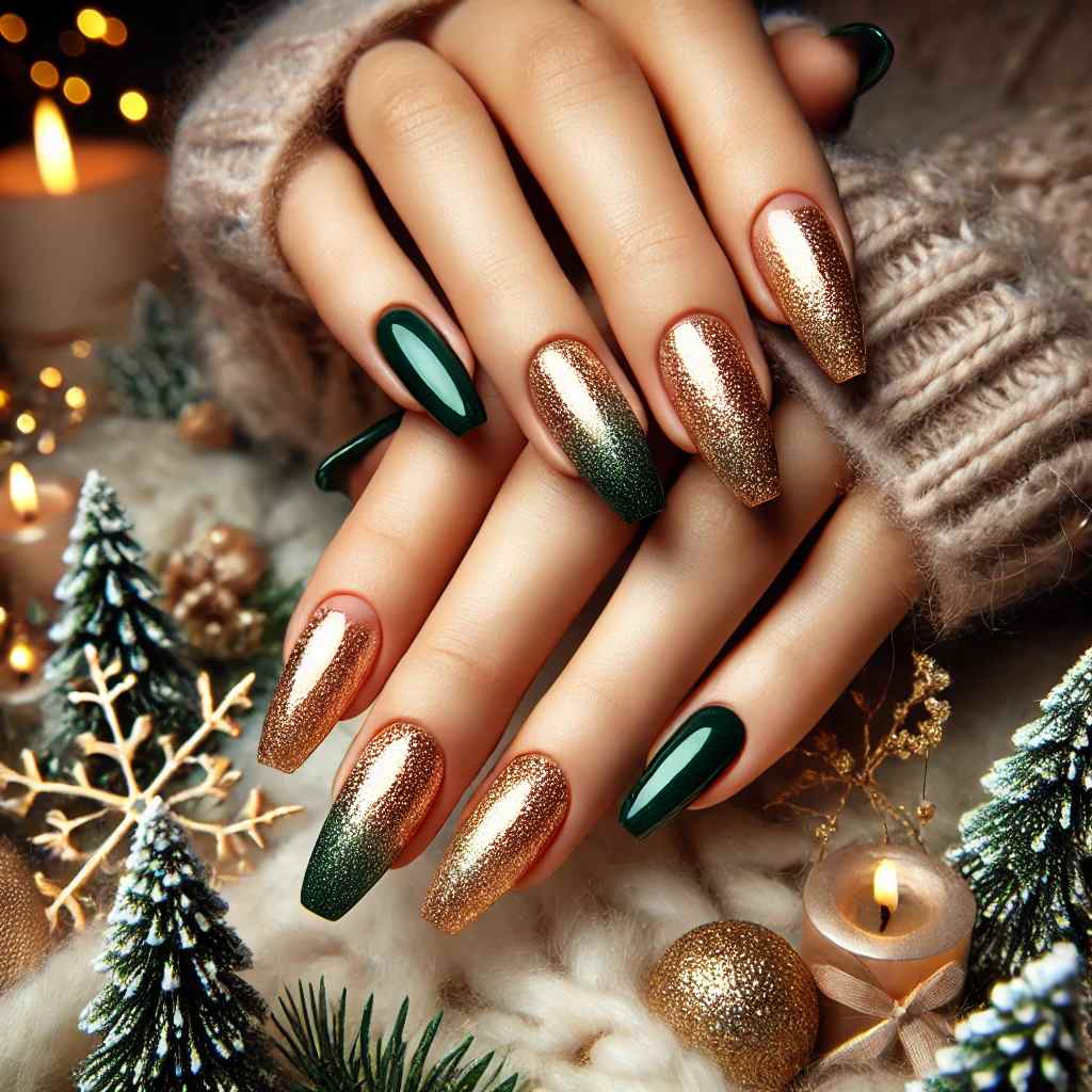 Glittering Green Ombre with Gold Tips