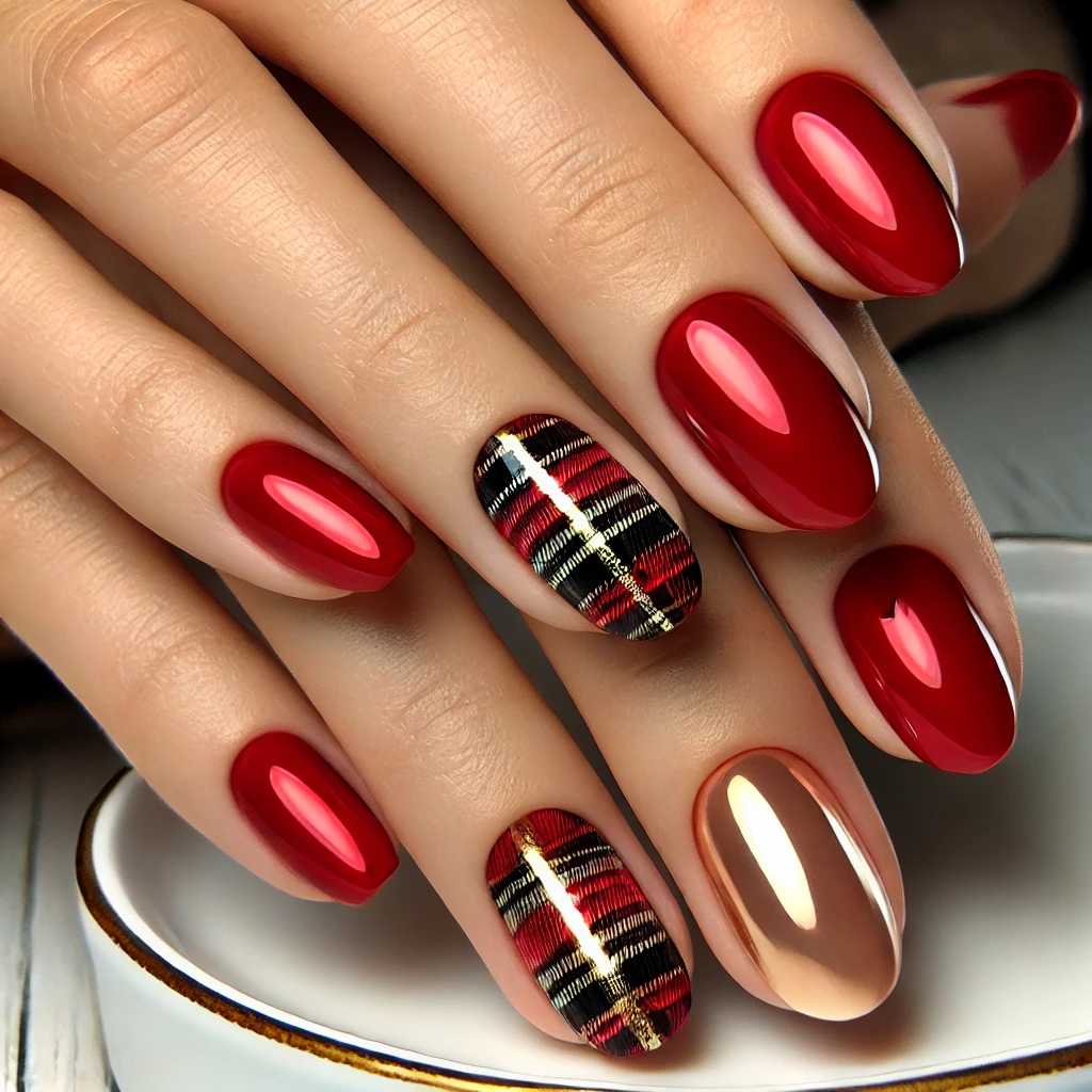 Glittering Red Nails with Gold Stripe 