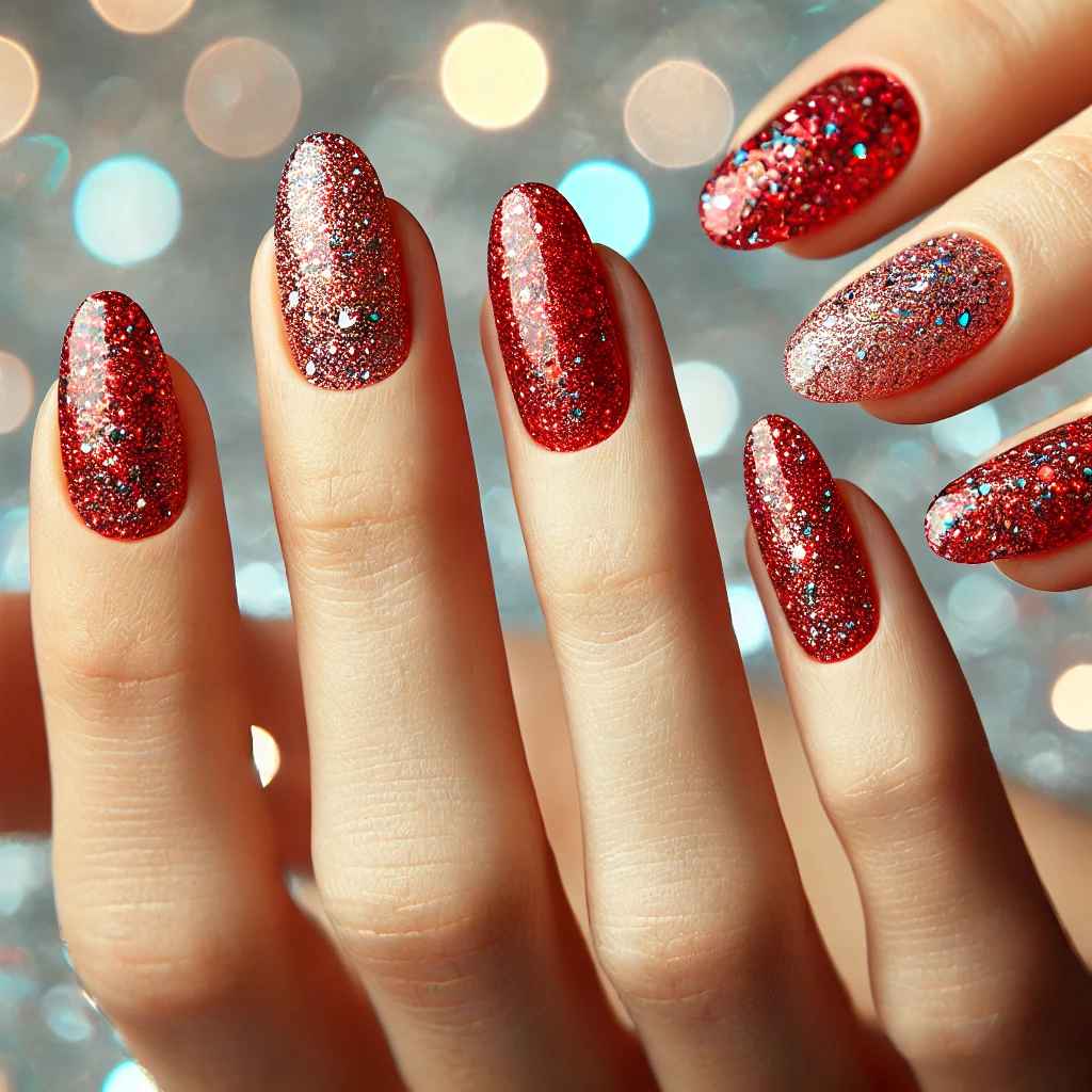 Glittery Red Almond Nails