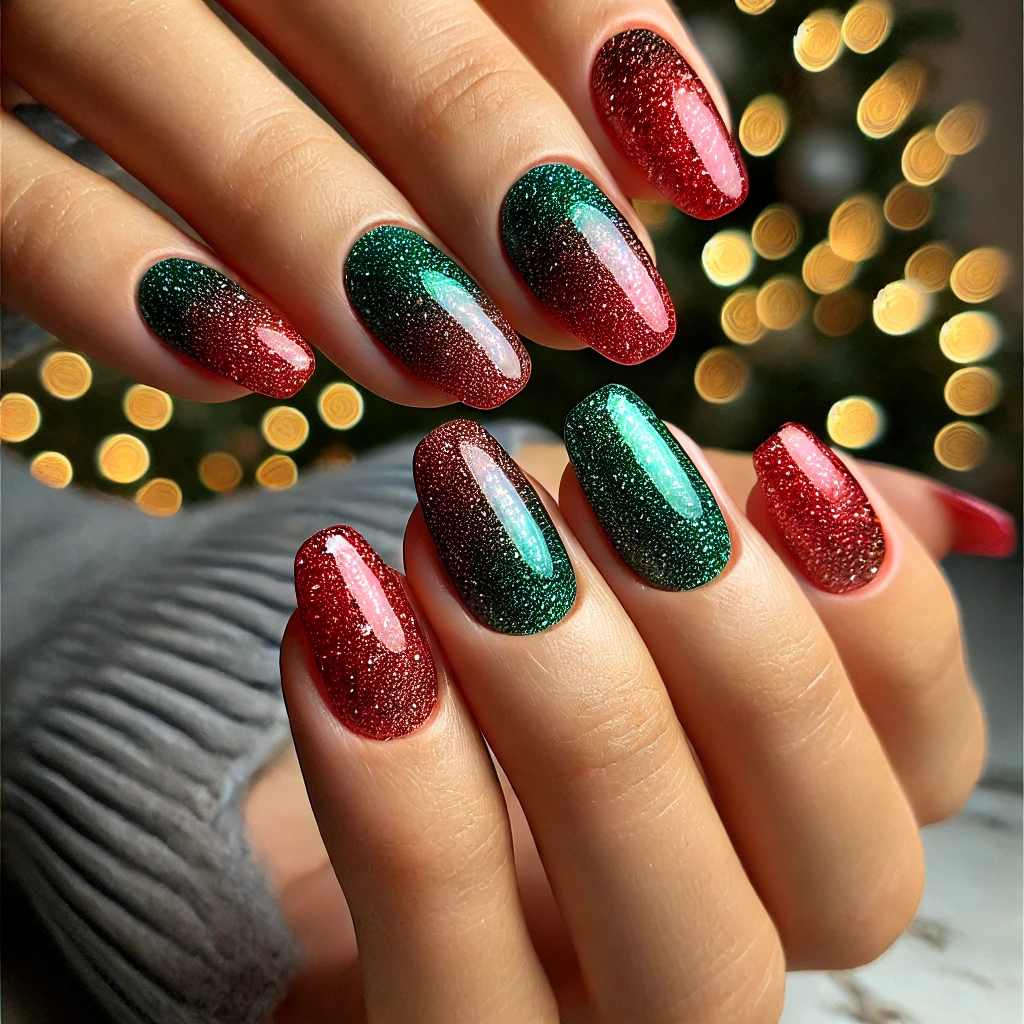 Glittery Red and Green Ombre Nails