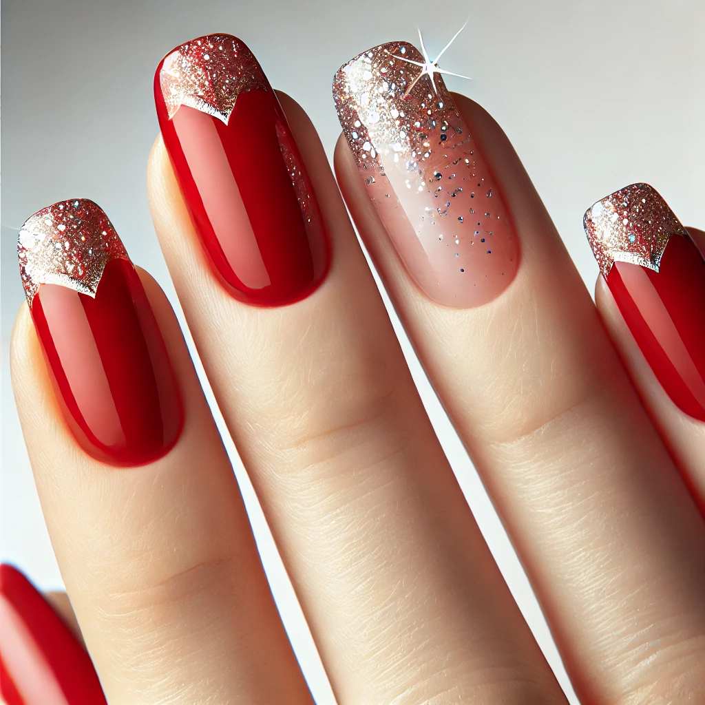 Glossy Red Glitter Chevron Tips