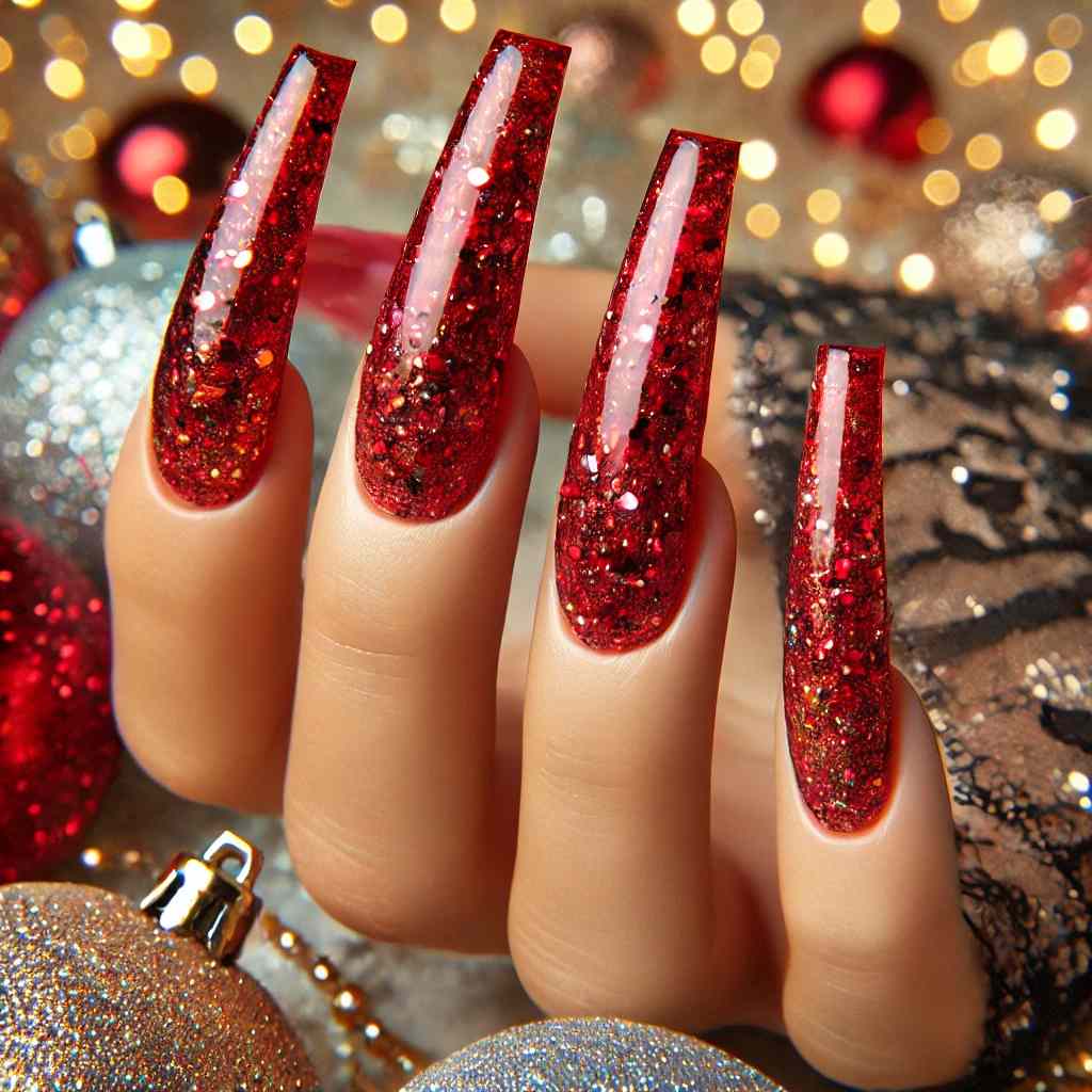 Glossy Red Glitter Coffin Nails