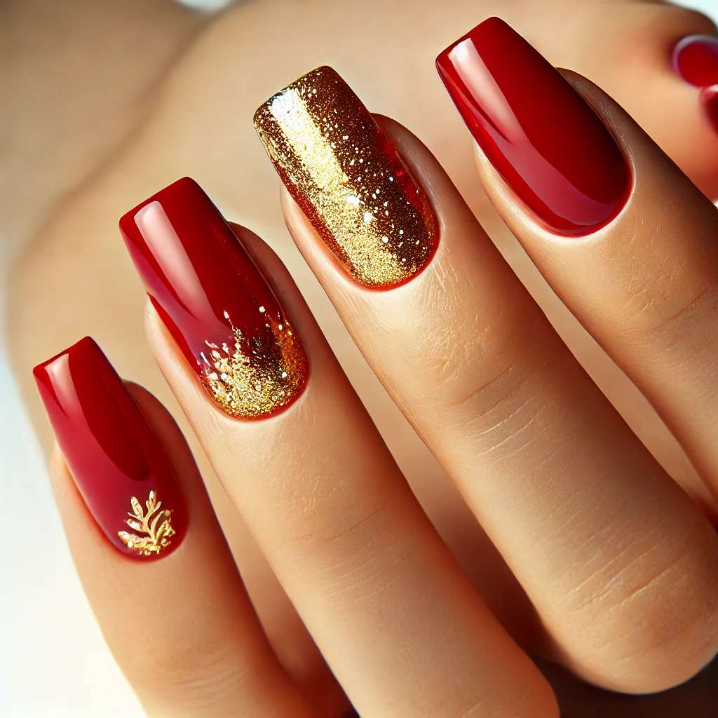 Glossy Red Nails with Gold Glitter Tips