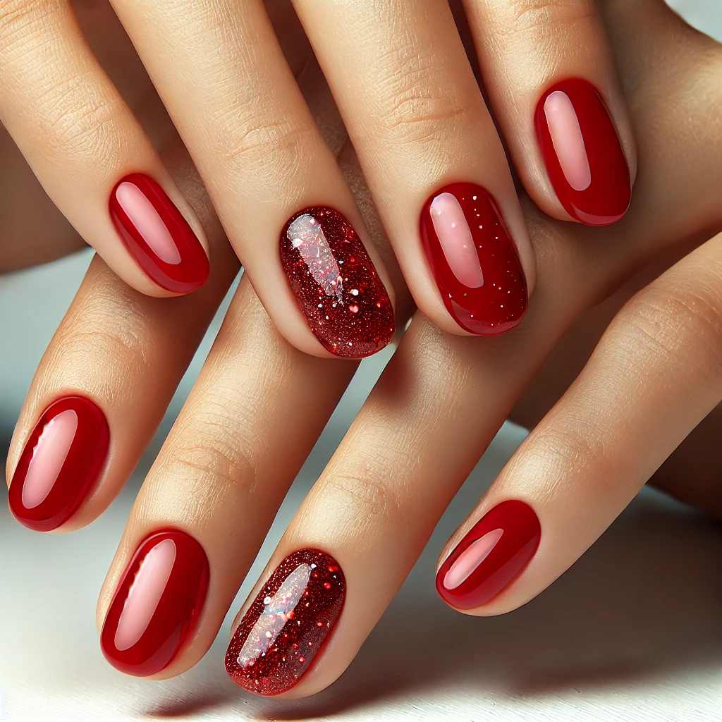 Glossy Red Nails with Sparkles