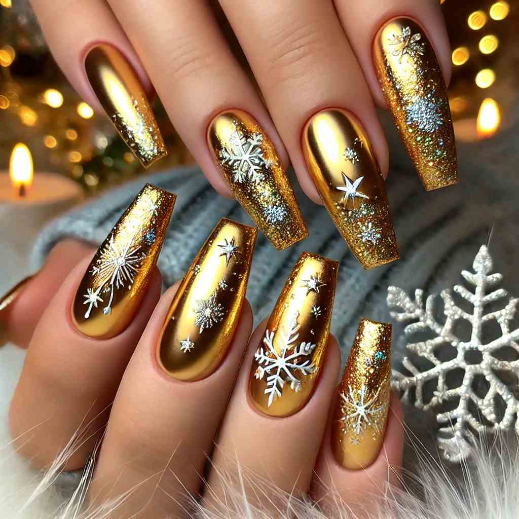 Gold Chrome Nails with Star and Snowflake Accents