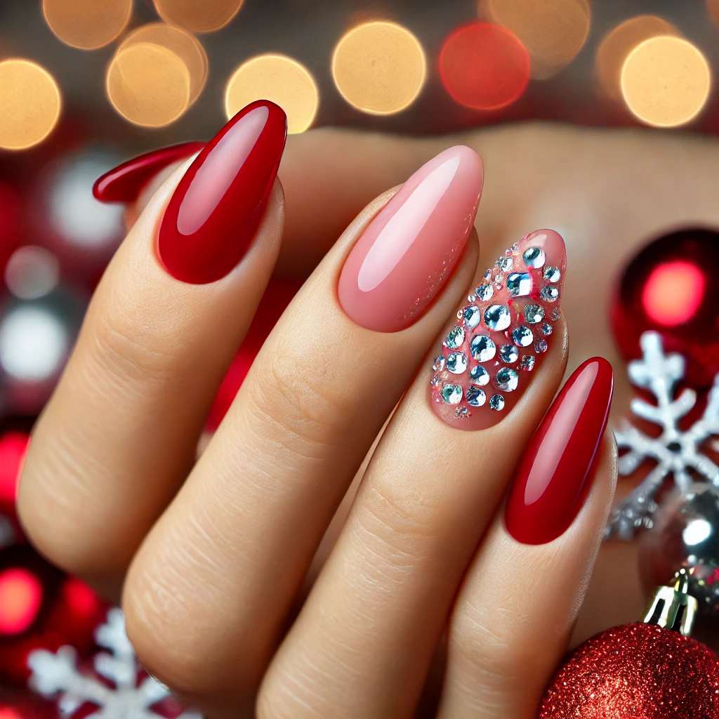 Gradient Red with Rhinestone Accent Nail