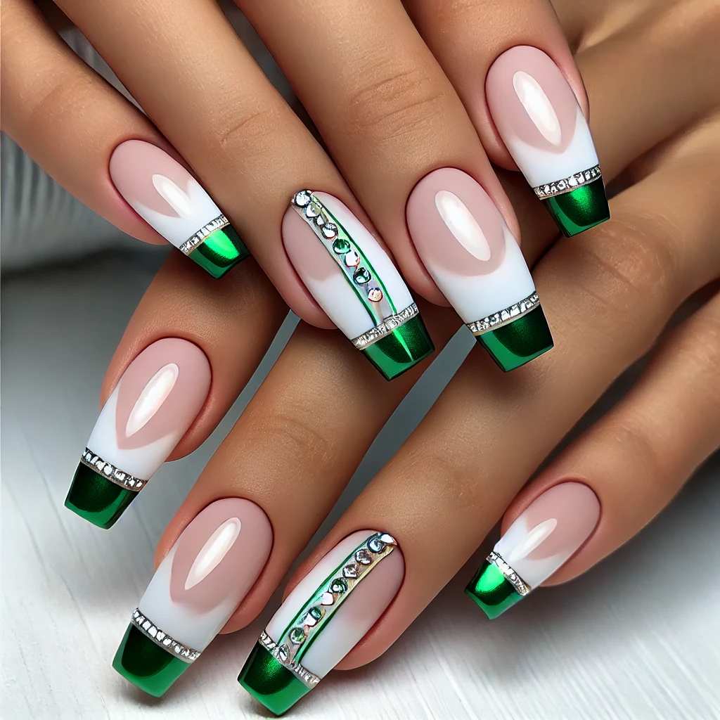 Green Chrome French Tips with Tiny Rhinestones