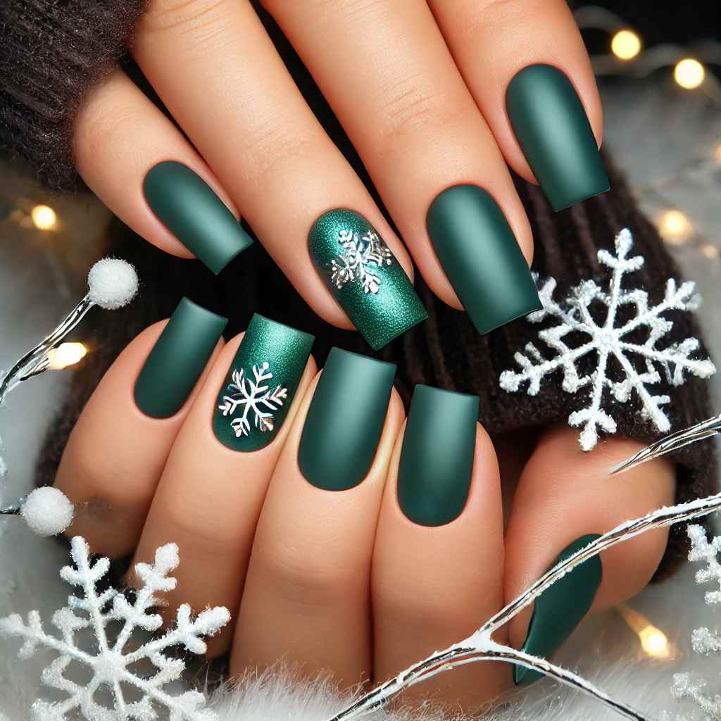 Green Matte Nails with Chrome Snowflake Accents