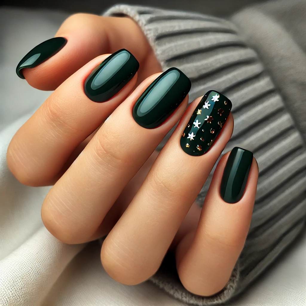 Green Nails with Gold Stars