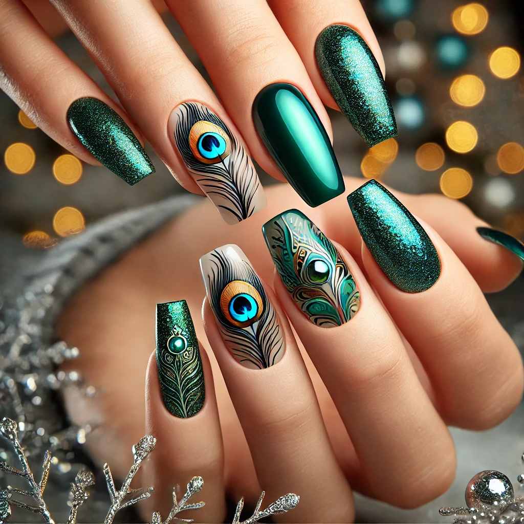 Green Peacock Art with Metallic Details