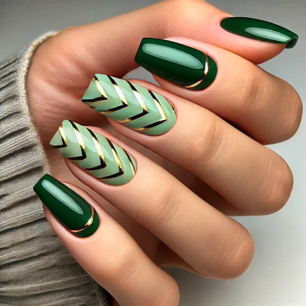 Green and Gold Chevron Nails