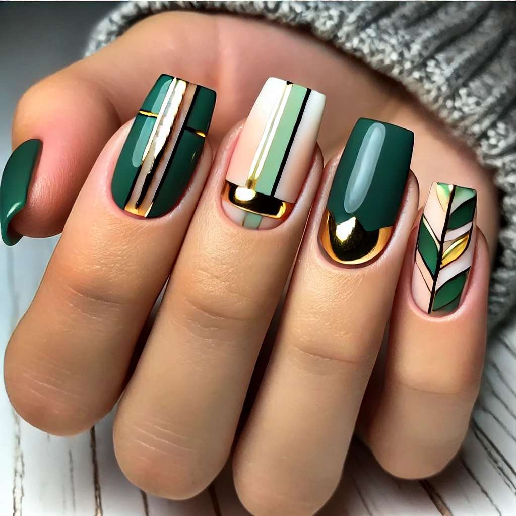 Green and Gold Negative Space Nails