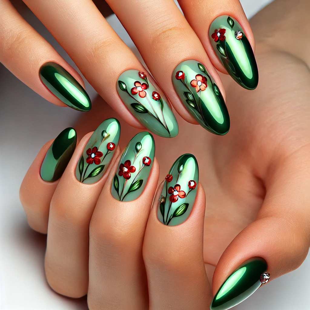 Green and Red Floral Nail Art