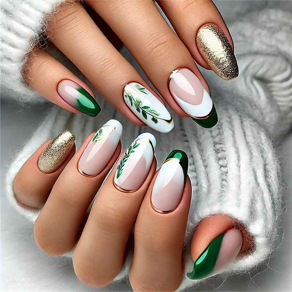 Green and White French Tips with Gold Foil Accents