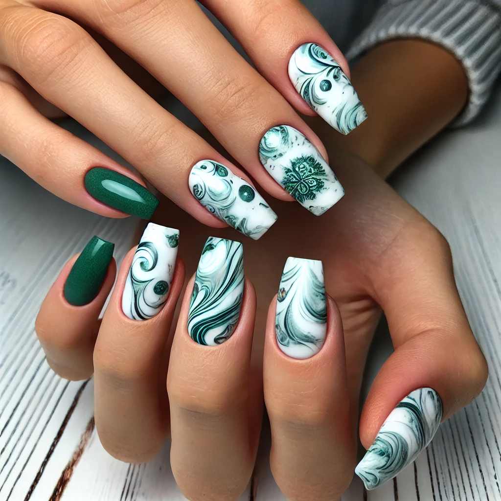 Green and White Marble Nails