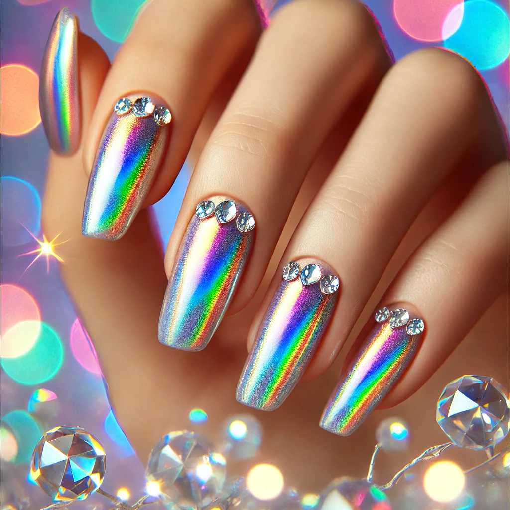 Holographic Nails with Diamond Accents