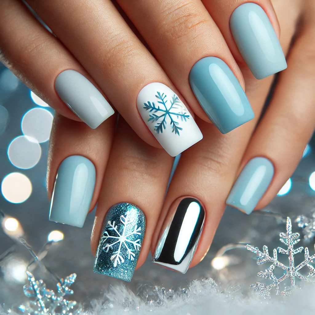 Icy Blue Snowflake Design with Chrome Accent Nail