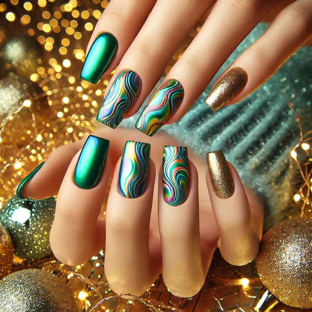 Iridescent Green Waves with Gold Highlights