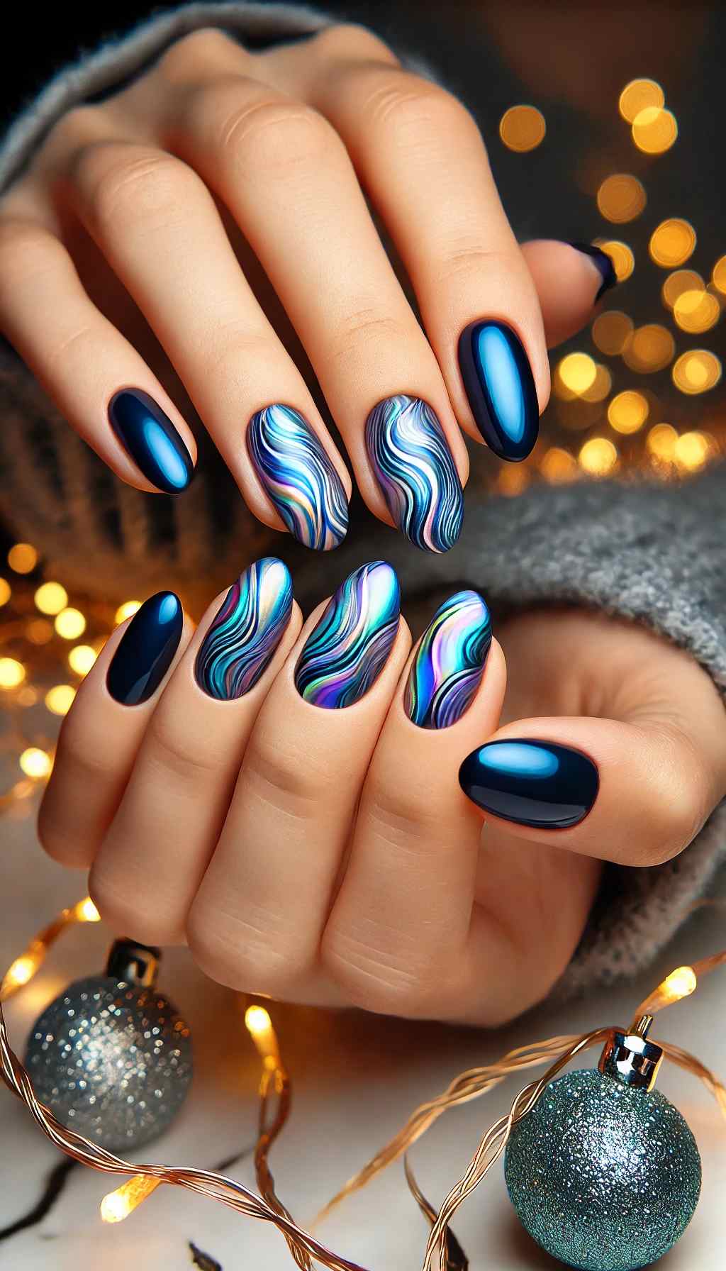 Iridescent Wave Design on Navy Blue