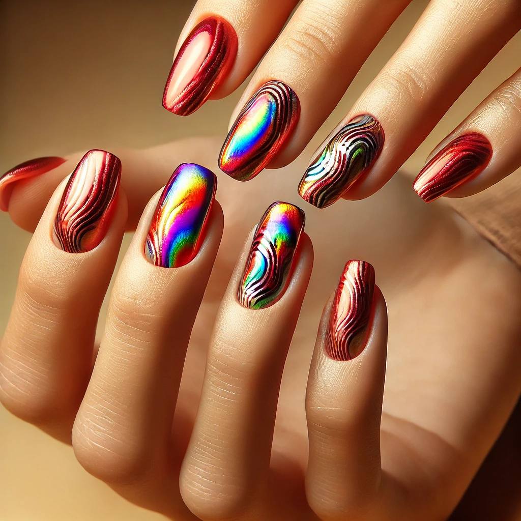 Iridescent Waves on Red Chrome