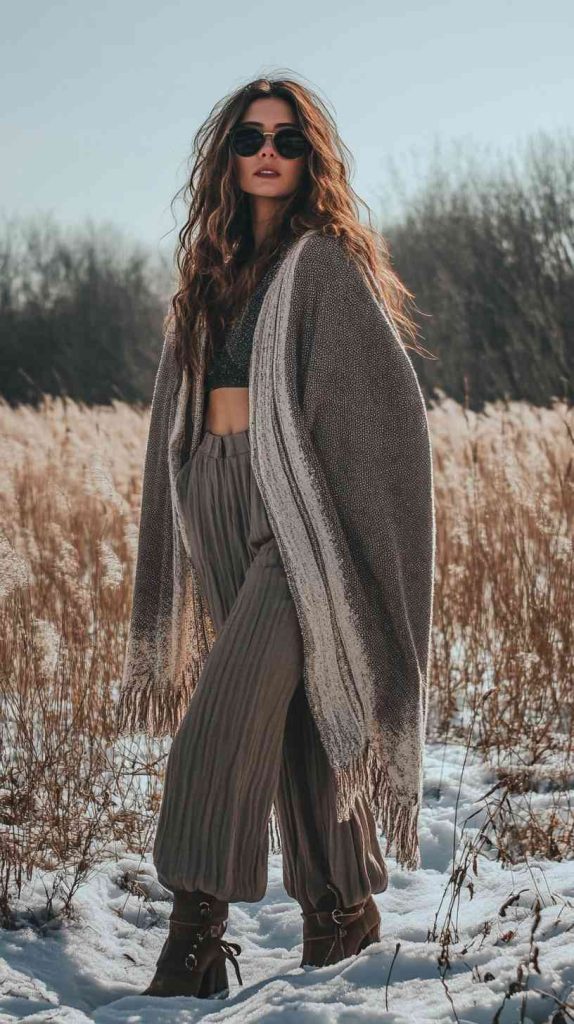 Layered Poncho with Wide-Leg Pants