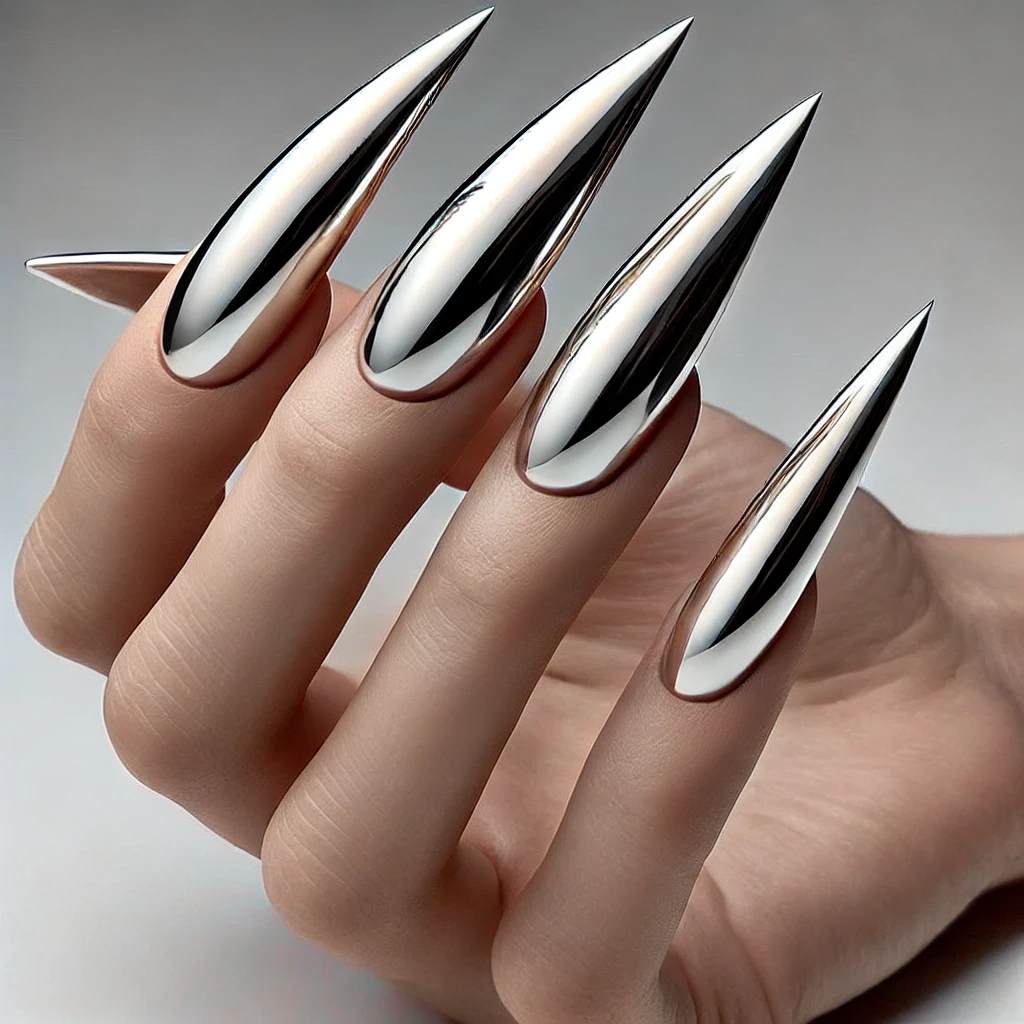 Long Stiletto Nails with Metallic Silver Finish