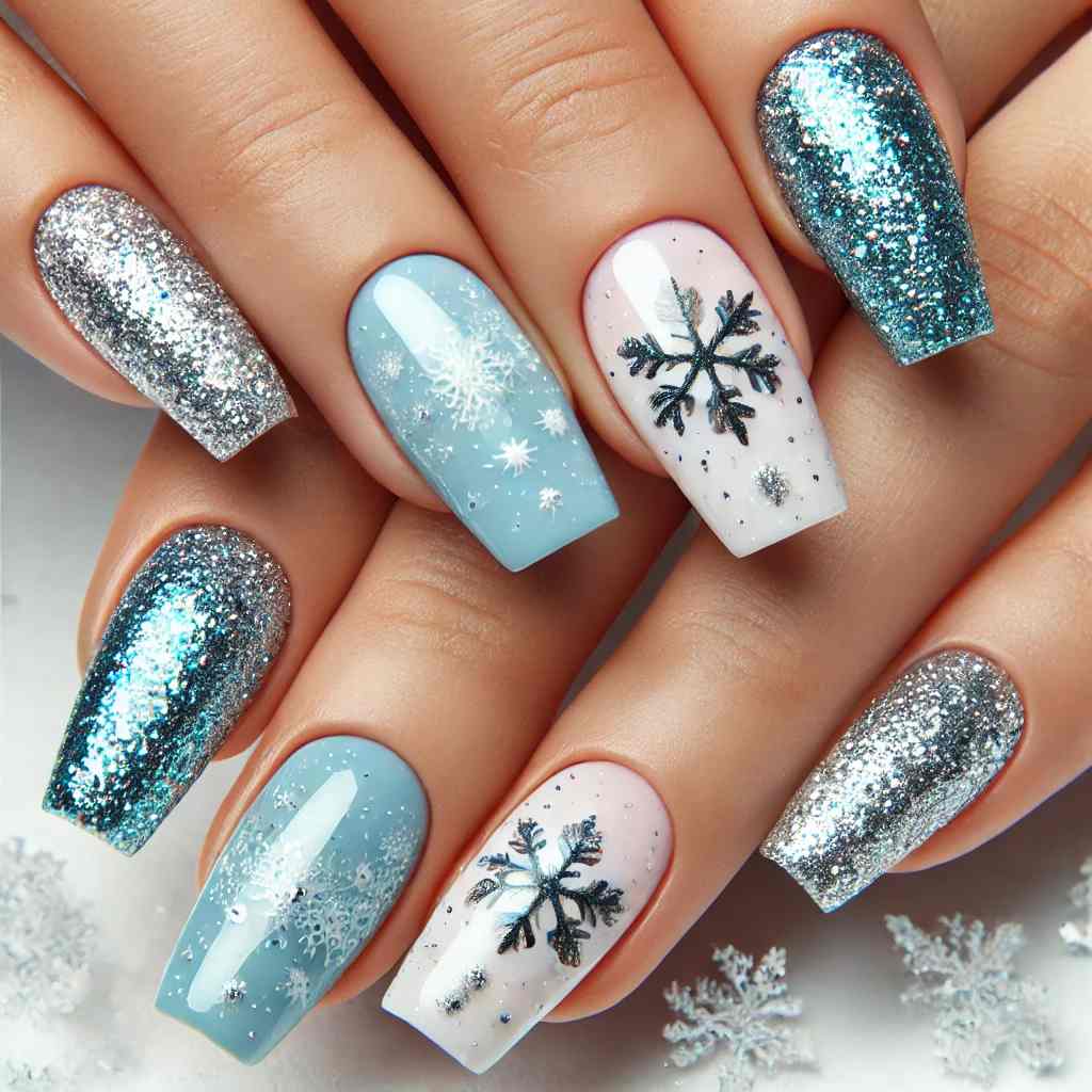 Metallic Baby Blue with White Snowflakes and Glitter Tips