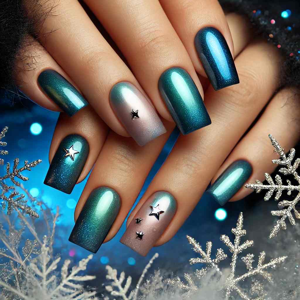 Metallic Blue and Green Gradient with Chrome Stars