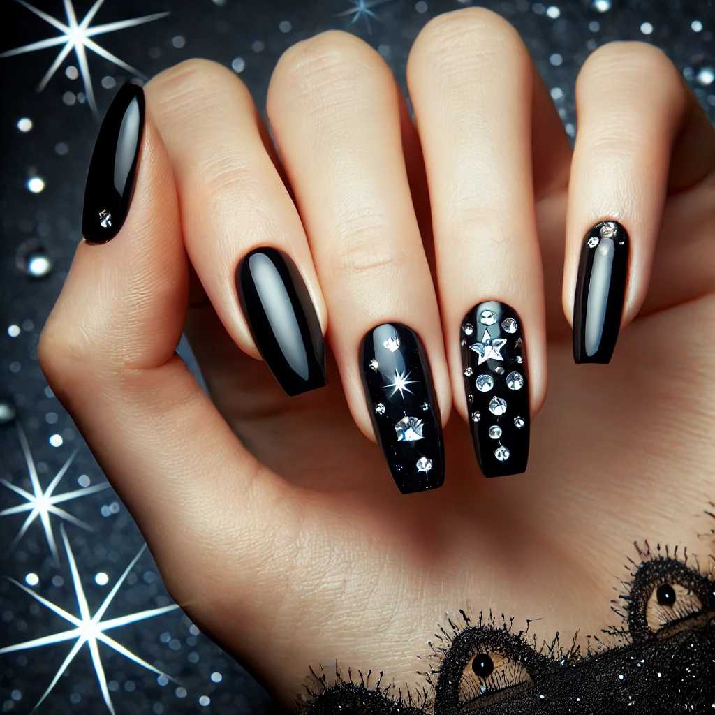 Midnight Black Nails with Diamond Stars