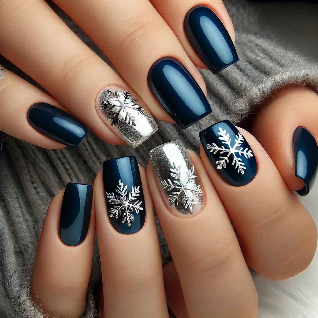 Midnight Blue Snowflakes with Silver Foil