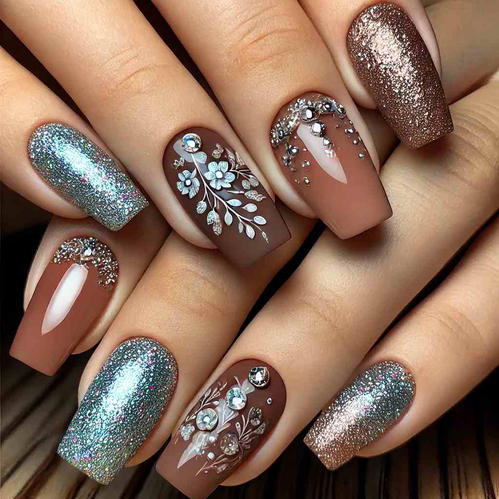 Mocha Florals with Silver Sparkle Ombre