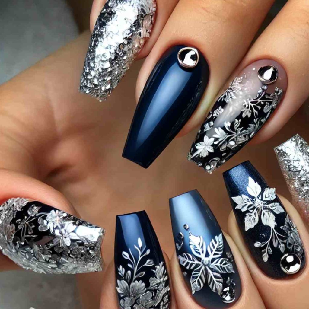 Navy Blue Blooms with Silver Foil Highlights