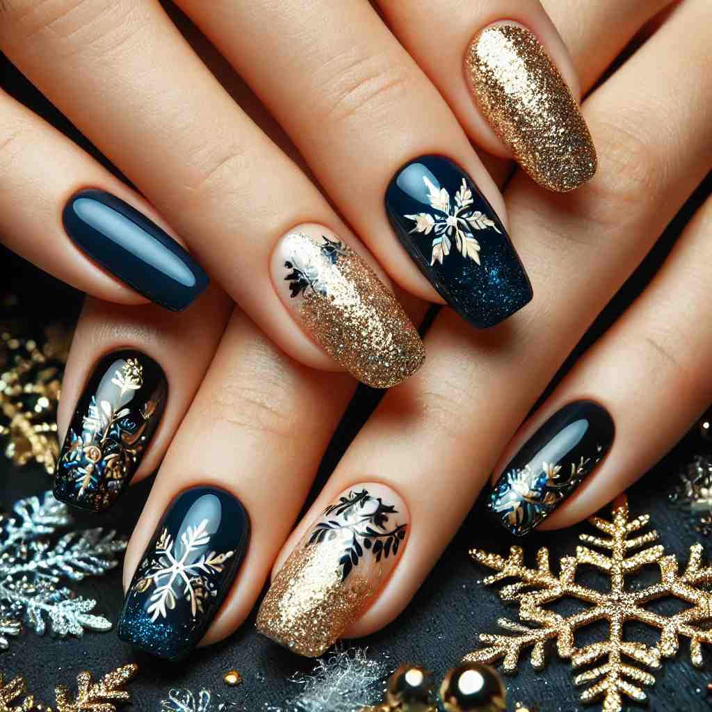 Navy Blue and Gold Foil Snowflakes