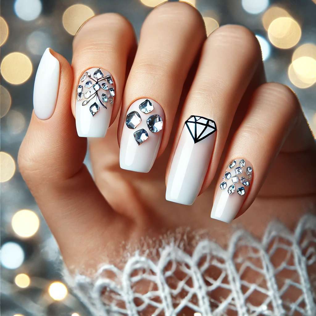 Nude Nails with Diamond Geometric Patterns