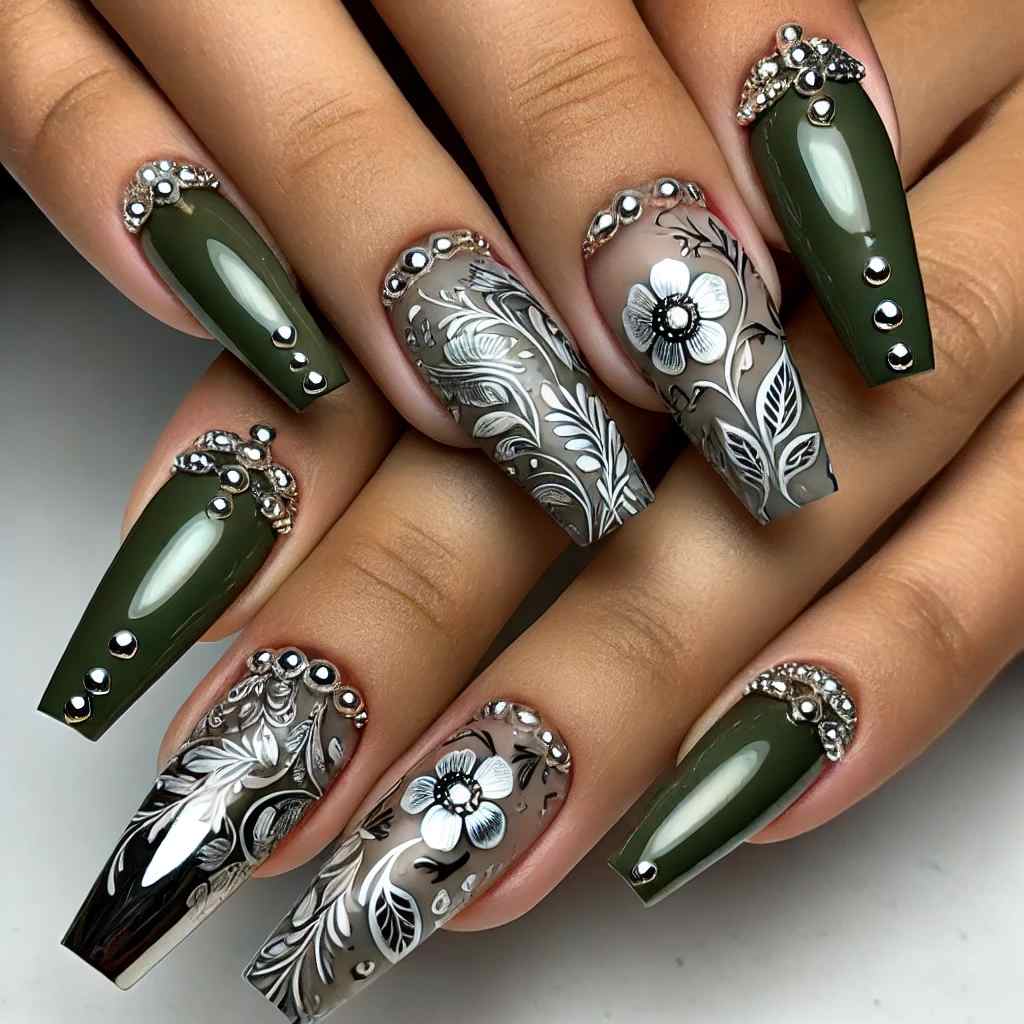 Olive and Silver Petals with Chrome Tips