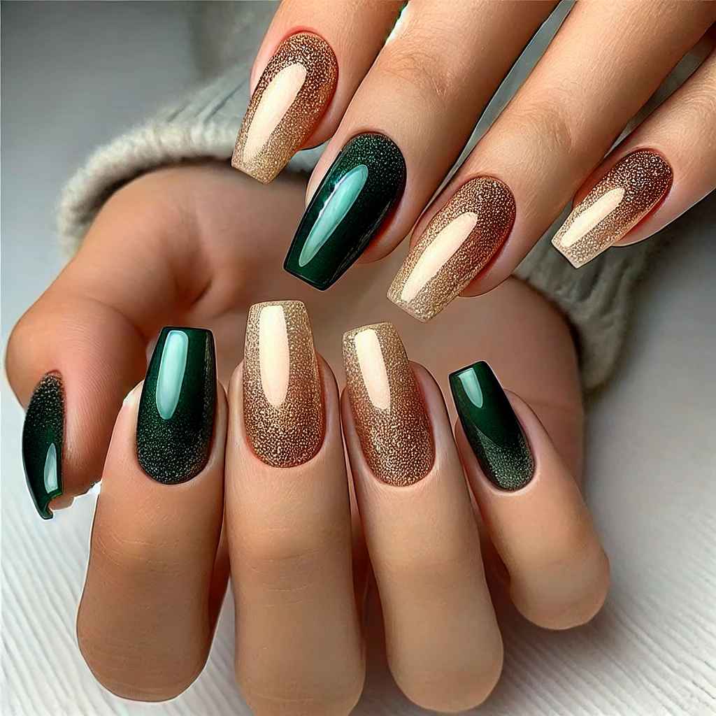 Ombre Green and Gold Nails