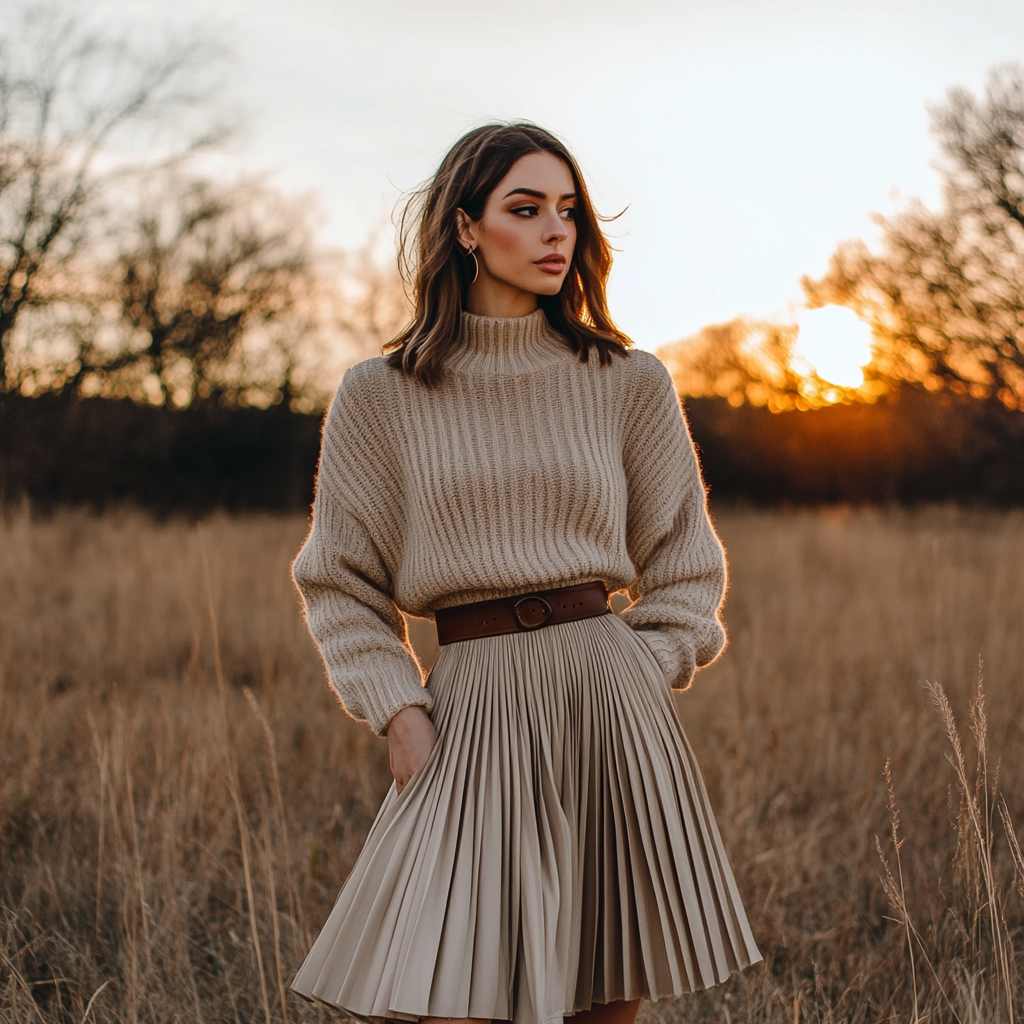 Oversized Sweater with Pleated Midi Skirt