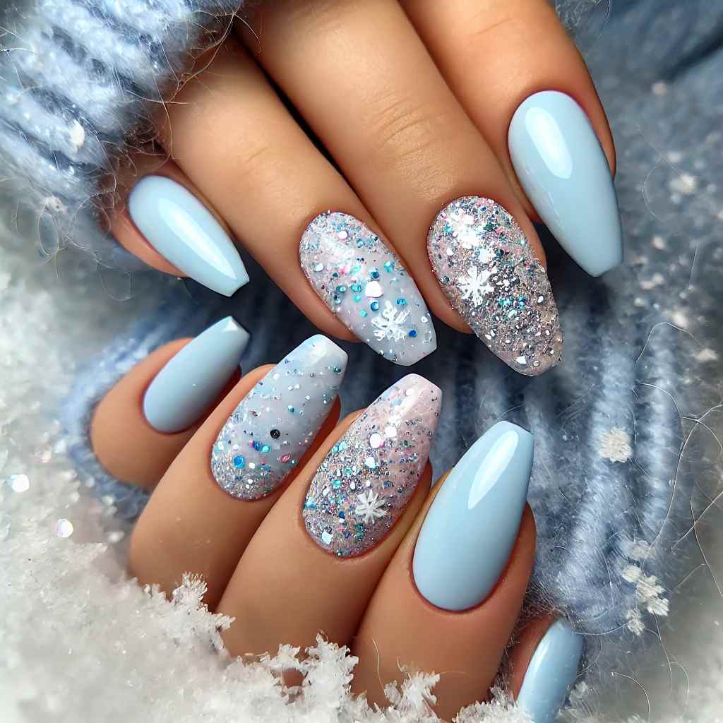 Pastel Blue Snow Globe Nails