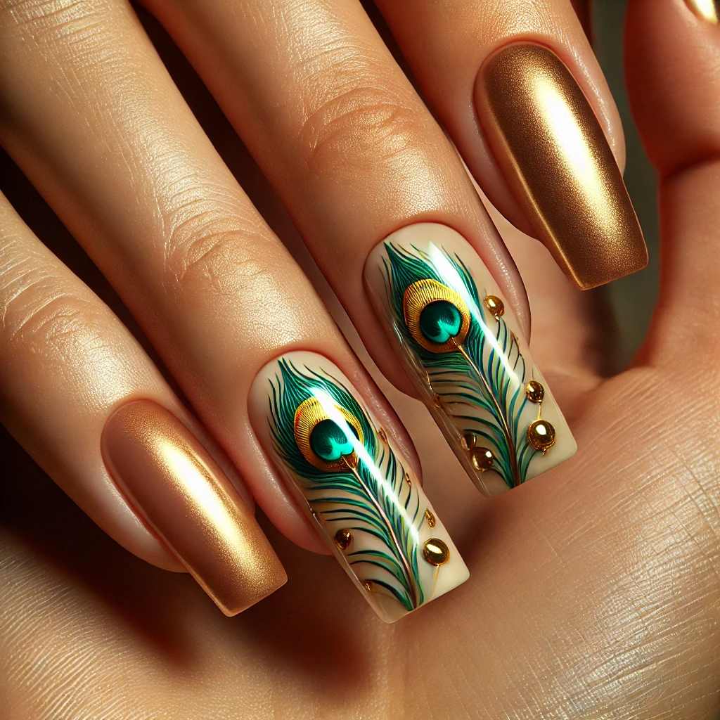 Peacock Green with Gold Feather Accents