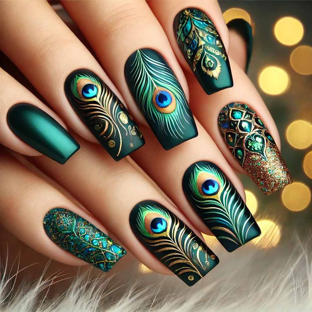 Peacock-Inspired Nail Art