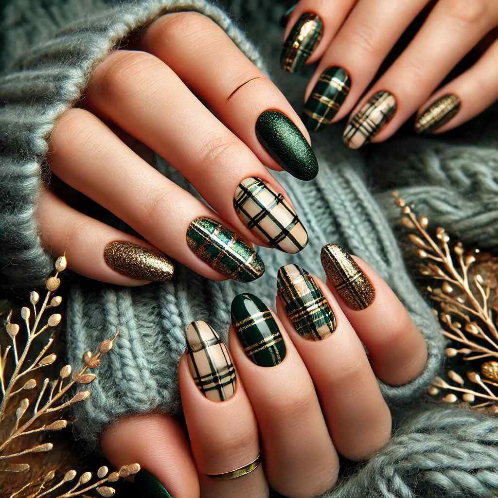 Plaid Green and Gold Nails